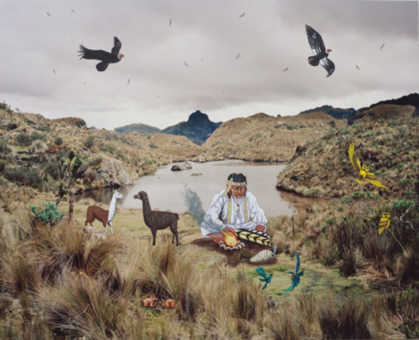 Medicine Man, 2017 archival pigment print with oil painting intervention by Tigua artist Courtesy the artist and Miyako Yoshinaga Gallery