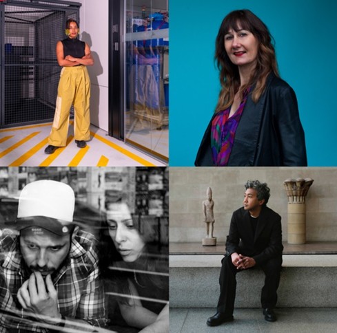 Artistes nommés pour le Prix Marcel Duchamp 2026. De gauche à droite, de haut en bas : Portrait Josèfa Ntjam 2024 © Piercarlo Quecchia © ADAGP2024. Portrait Laura Henno, Courtoisie de Mohamed Bourouissa. Portrait Brognon Rollin © Granduchy. Portrait de Joël Andrianomearisoa © Studio Joël Andrianomearisoa, courtoisie de l’artiste et Almine Rech © Prix Marcel Duchamp 2026