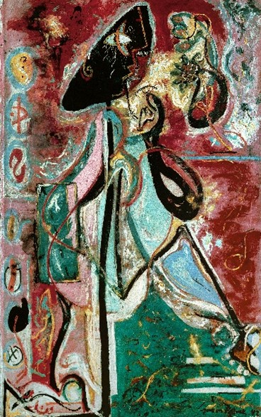 Légende et courtesy du visuel de l'exposition Jackson Pollock The Moon Woman (1942) Huile sur toile © Pollock-Krasner Foundation / ADAGP, Paris 2024