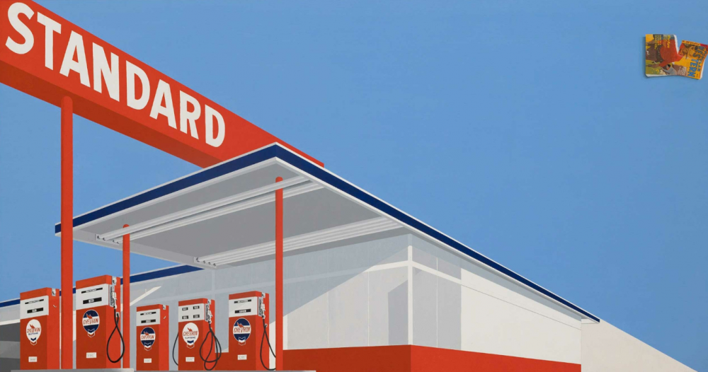 Ed Ruscha. Standard Station, Ten-Cent Western Being Torn in Half. 1964. Oil on canvas, 65 × 121 1/2&quot; (165.1 × 308.6 cm). Private collection. © Edward Ruscha. Photo © Evie Marie Bishop, courtesy of the Modern Art Museum of Fort Worth