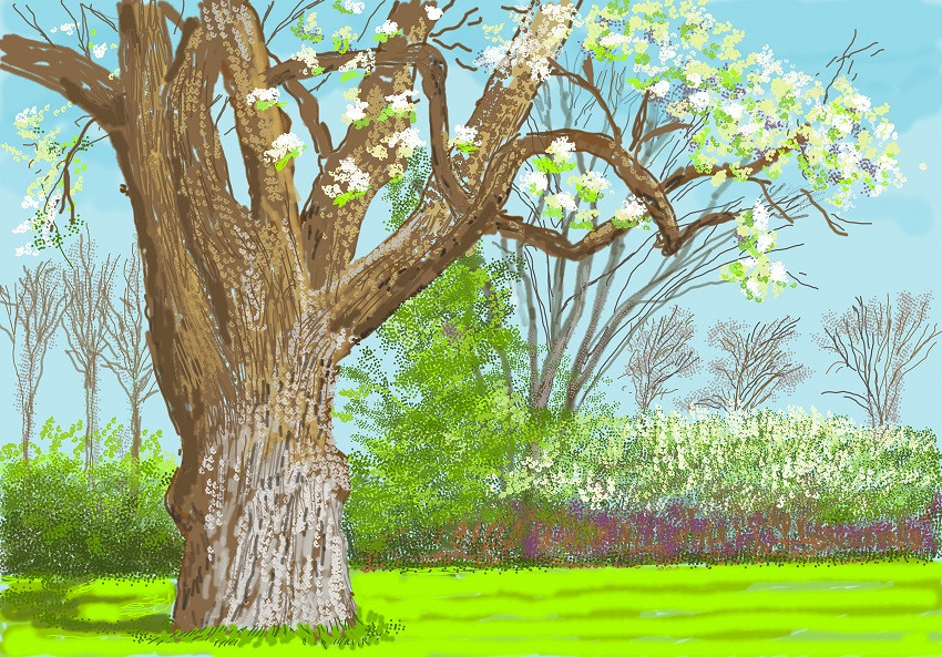 David Hockney, 27th March 2020, No. 1, 2020.  iPad painting printed on paper, mounted on 5 panels, 2 364.09 x 521.4 cm  © David Hockney