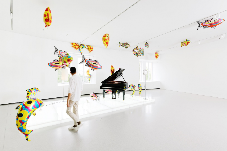 Philippe Parreno Quasi Objects: My Room is a Fish Bowl, AC/DC Snakes, Happy Ending, Il Tempo del Postino, Opalescent acrylic glass podium, Disklavier Piano, 2014-2022