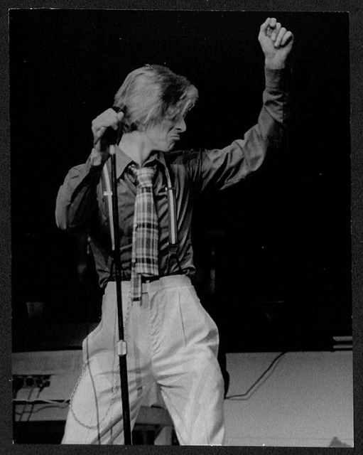 David Bowie at Radio City Music Hall. NYC, 1974 Set of 4 photographs Very rare vintage prints c. 1974 Silver gelatin single weight fiber print Image size 7 1/2 x 9 5/8 inch Stamp & signed by the artist Unique Piece