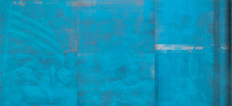 Emmanuel Van der Auwera, Memento 59 (Capitol Black), 2025, tirage sur plaques o!set ayant servi à l’impression de journaux, détail, courtesy de l’artiste et de la galerie Harlan Levey Projects (Bruxelles)