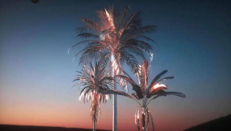 14-palladium-palms---Mounir-Ayache. &quot;The Scylla/Charybdis Temporal Rift Paradox&quot;, installation : soieries, bras robotisé, vidéo, lumières leds et Uvs, 2025 © Mounir Ayache