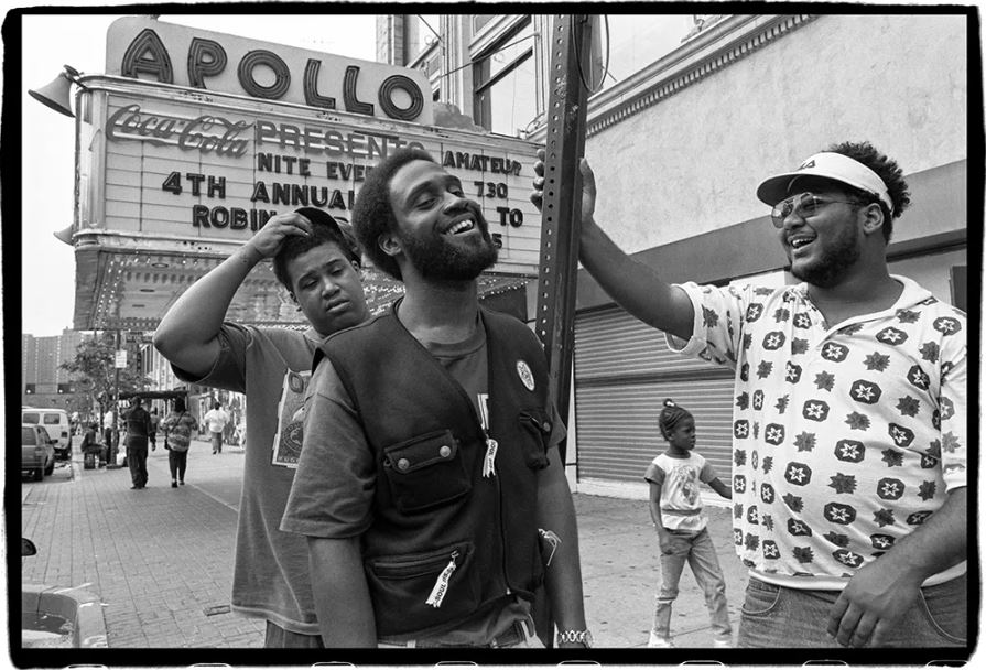 ‘Da La Soul outside the Apollo Theater, 253 W 125th Street, Harlem, NYC on 12 September 1993 (l-r) Trugoy, Poisonous and Museo,’ 1993. Photo credit: David Corio. Courtesy of Fotografiska New York and © of the artist.