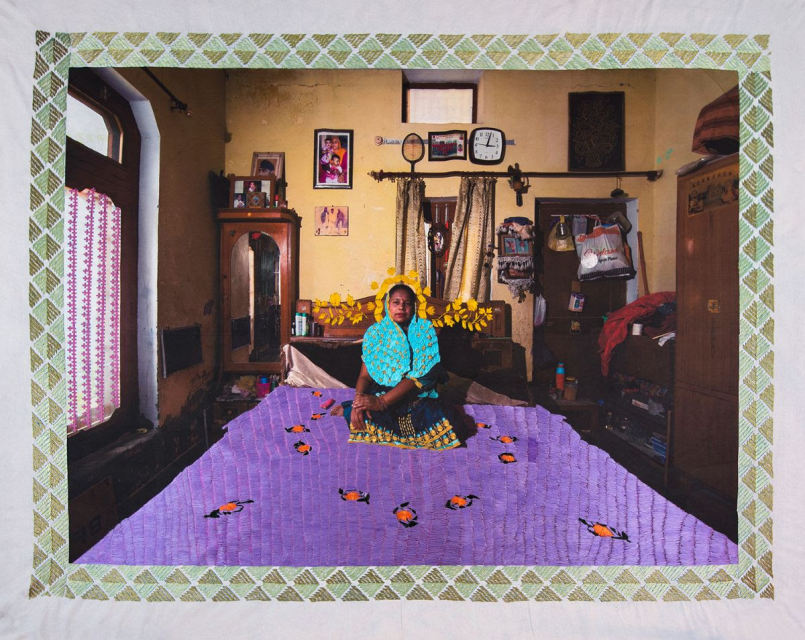 Charanjit, 2023 Unique photographic transfer print on khaddar fabric, phulkari silk thread embroidery 50 x 66 inches