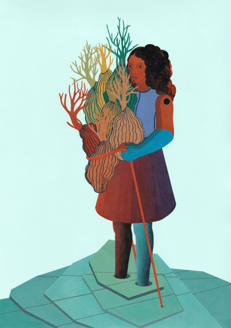 Otobong Nkanga Social Consequences V: The Harvest 2022 Acrylique et adhésif sur papier 42 x 29.7 cm Collection Wim Waumans Courtesy de l'artiste