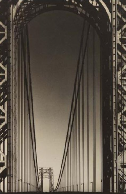 Margaret Bourke-White, George Washington Bridge, 1933. Vintage gelatin silver print (taped on buff colored paper). SBMA, Gift of the Charles Newman Trust. © 2022 Estate of Margaret Bourke-White / Licensed by VAGA at Artists Rights Society (ARS), NY.