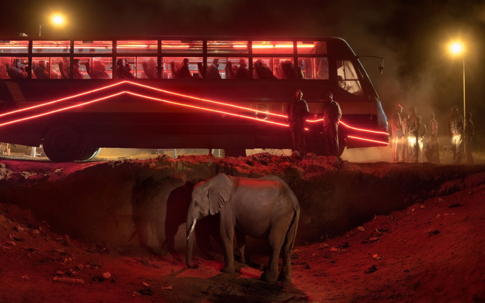 Nick Brandt, Bus Station With Elephant & Red Bus, 2018,  © Edwyn Houk Gallery