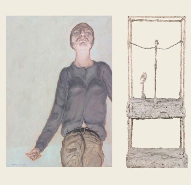 MARWAN, Sans titre, 1968, huile sur toile, Courtesy of the estate of the Artist and Sfeir-Semler Gallery Beirut/Hamburg, ADAGP Paris, 2025, Photo : Edward Greiner / Alberto Giacometti, La Cage, première version, 1949-1950 © Succession Alberto Giacometti / ADAGP Paris, 2025