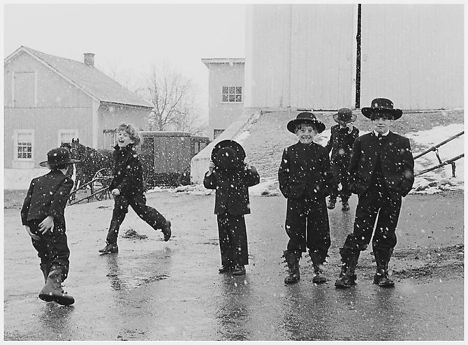 George Tice, Amish children playing in snow, Lancaster, PA, 1969, gelatin silver  © George Tice