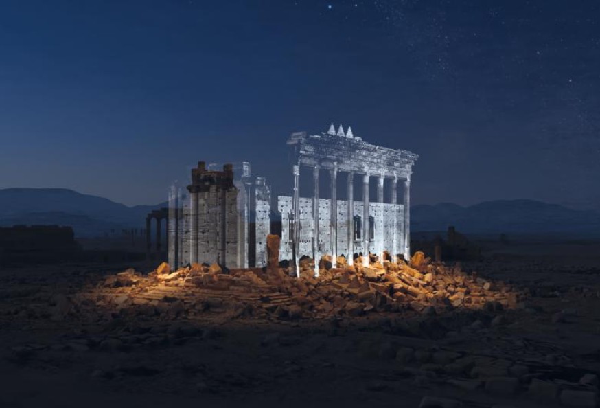 Temple de Bêl, images d'archives projetées sur une reconstitution après destruction, Palmyre, Syrie. Extrait d'un film Iconem © Iconem/DGAM