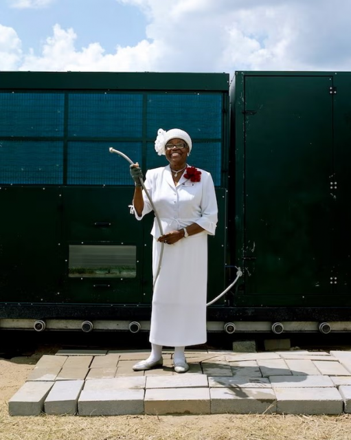 LaToya Ruby Frazier’s Mary A. Williams Tuklor’s Mother, Holding the Water Hose at the Atmospheric Water Generator on North Saginaw Street Between East Marengo Avenue and East Pulaski Avenue, Flint, Michigan from Flint is Family in Three Acts, 2019-20. Photograph: Courtesy of the artist and Gladstone gallery.